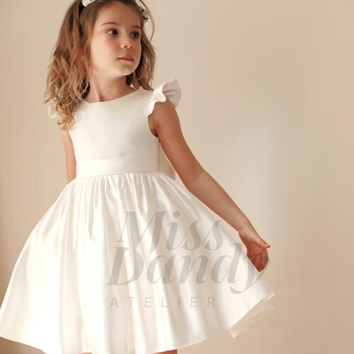 Ivory Satin Flower Girl Dress with V-Back and Big Bow