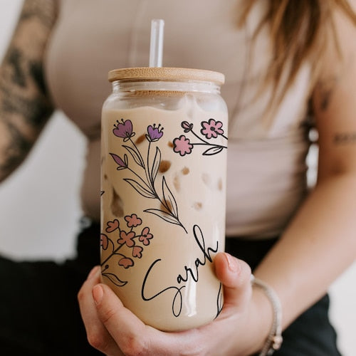 Custom Floral Can Glass with Lid & Straw