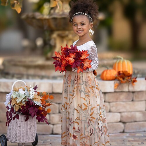 Champagne Floral Embroidered Tulle Flower Girl Dress with Long Sleeves