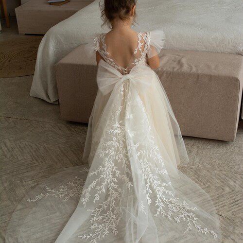 Ivory Flower Girl Dress with Detachable Train & Lace Embroidery - Tutu Ball Gown for Girls