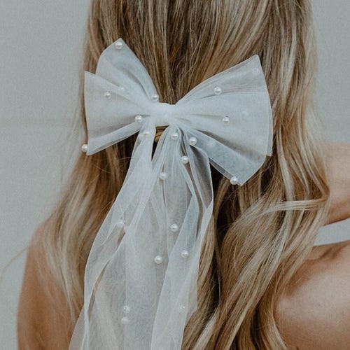 Bridal Pearl Bow Hair Accessory with Veil for Wedding or Bachelorette