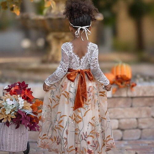 Champagne Floral Embroidered Tulle Flower Girl Dress with Long Sleeves