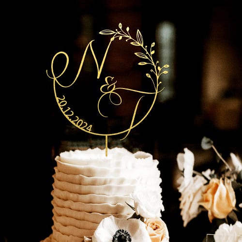 Custom Initial Wedding Cake Topper – Gold or Rustic Design