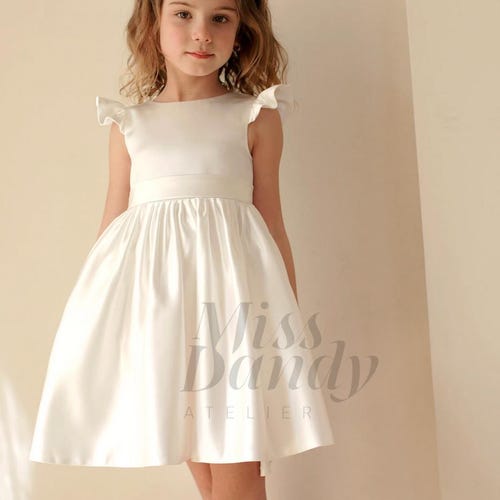 Ivory Satin Flower Girl Dress with V-Back and Big Bow
