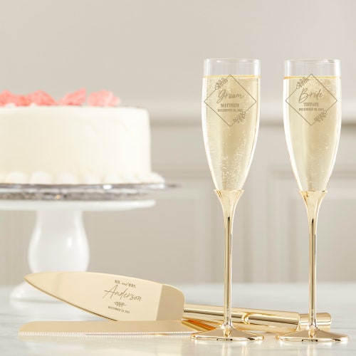 Modern Engraved Gold Cake Knife, Server, and Champagne Flute Set