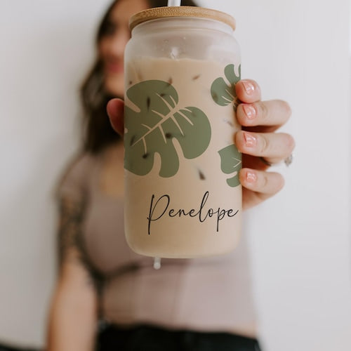 Custom Floral Can Glass with Lid & Straw