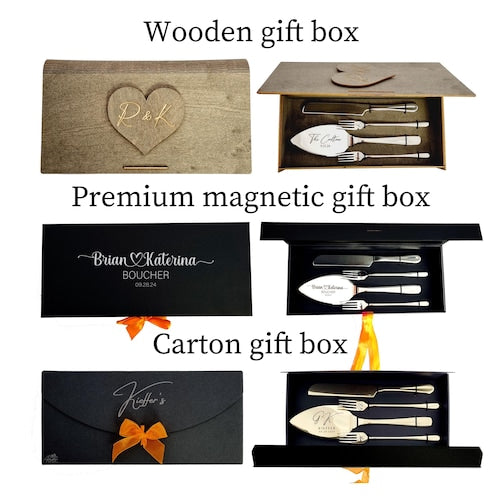 Engraved Champagne Wedding Cake Cutting Set with Knife, Server, and Forks