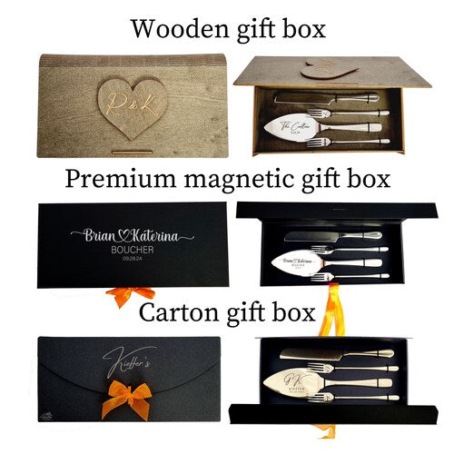 Engraved Wedding Cake Cutting Set – Champagne Knife, Server, & Forks
