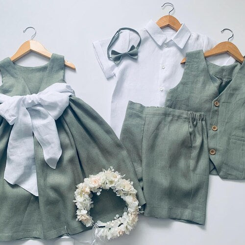 Boho Linen Flower Girl Dress – White Toddler Dress with Bow Back