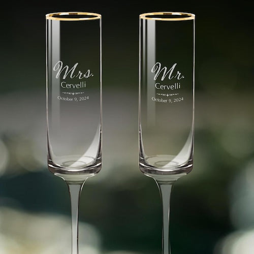 Engraved Mr. and Mrs. Gold Rim Champagne Flutes – Set of 2