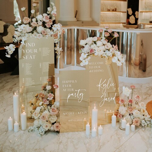 Set of 3 Gold Mirror Wedding Signs – Welcome, Seating Chart, Reception