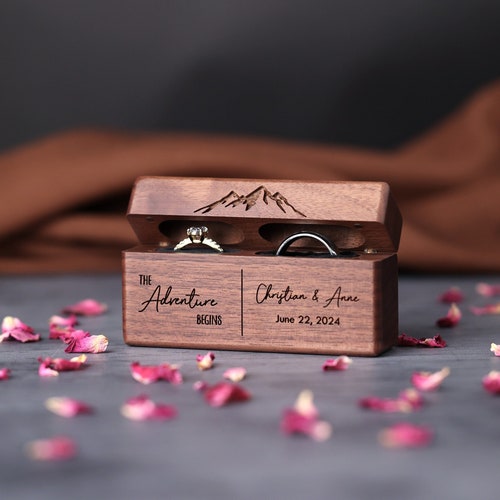 Double Ring Box | Walnut Wood Wedding Ring Holder | Ring Bearer Box