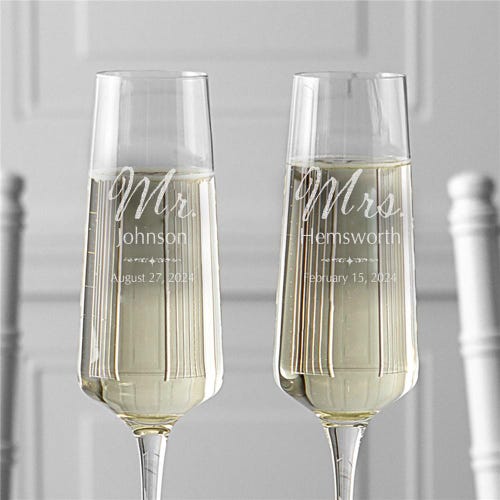 Engraved Mr. and Mrs. Gold Rim Champagne Flutes – Set of 2