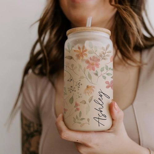 Custom Floral Can Glass with Lid & Straw