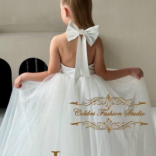 Dusty Rose Flower Girl Dress with Tulle Train, Removable Bow & Elegant Back Cutout