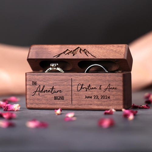 Double Ring Box | Walnut Wood Wedding Ring Holder | Ring Bearer Box
