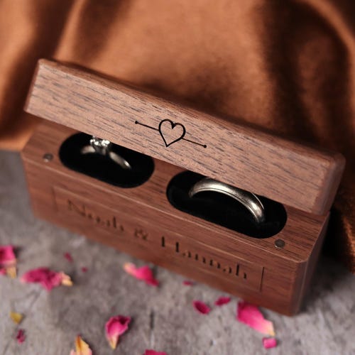 Double Ring Box | Walnut Wood Wedding Ring Holder | Ring Bearer Box