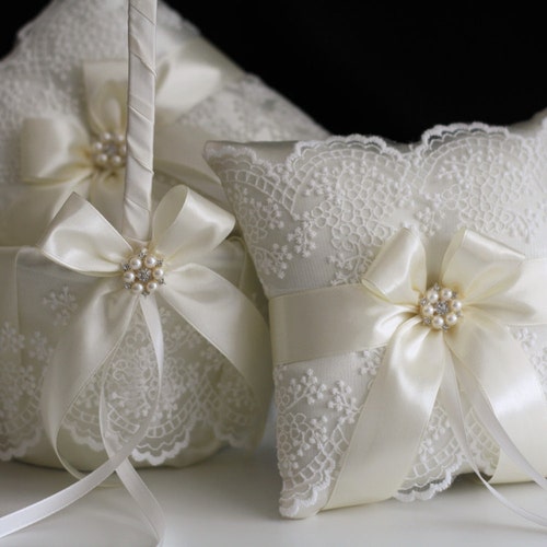 Flower Girl Basket and Ring Bearer Pillow Set – Ivory Wedding Accessories with Lace and Satin