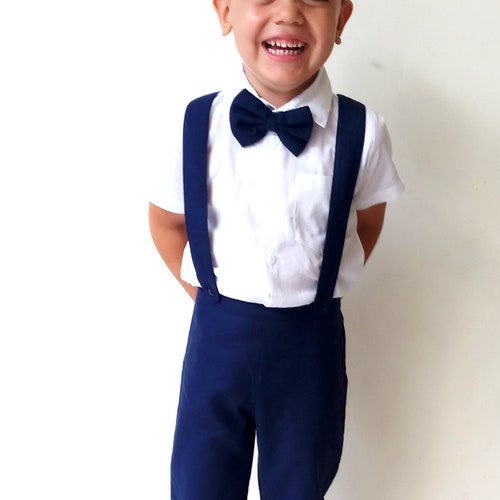 Boys Cotton-Linen Blend Ring Bearer Suit with Suspenders