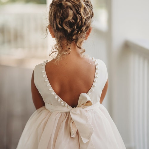 Antique Ivory Flower Girl Dress with Pearl Bodice