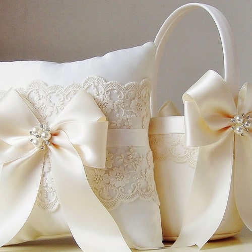 Ivory Flower Girl Basket & Ring Bearer Pillow Set