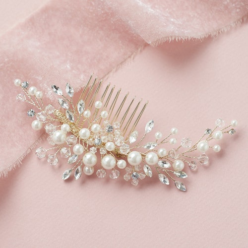 Bridal Headpiece and Comb - Pearl, Crystal, Gold, Floral