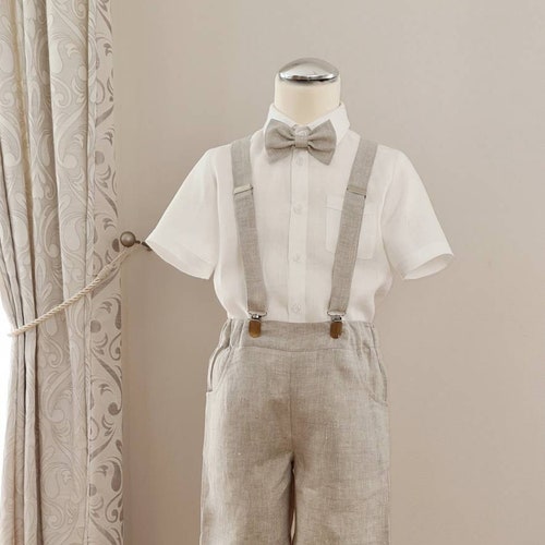 3-Piece Toddler Linen Ring Bearer Outfit with Bow Tie and Suspenders