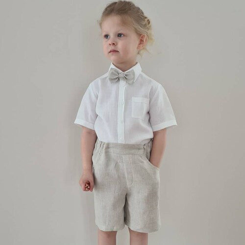 3-Piece Toddler Linen Ring Bearer Outfit with Bow Tie and Suspenders