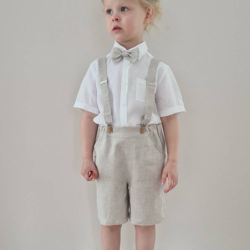 3-Piece Toddler Linen Ring Bearer Outfit with Bow Tie and Suspenders