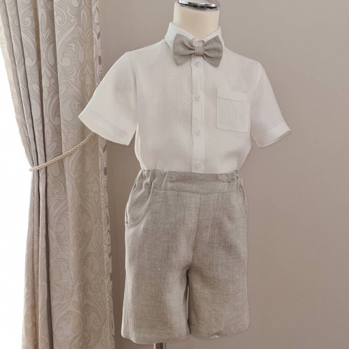 3-Piece Toddler Linen Ring Bearer Outfit with Bow Tie and Suspenders