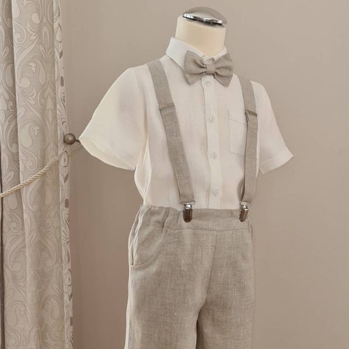 3-Piece Toddler Linen Ring Bearer Outfit with Bow Tie and Suspenders