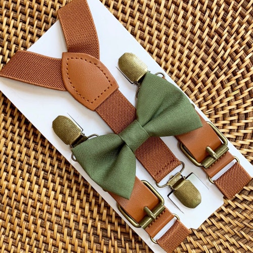 Olive Green Bow Tie and Faux Leather Suspenders Set