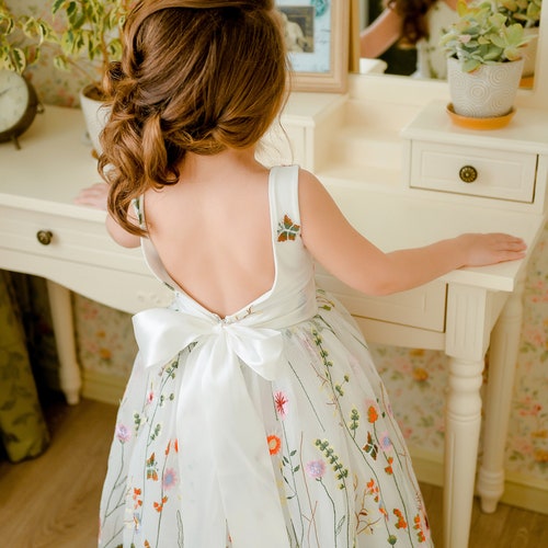 Boho Flower Girl Dress with Open Back, Embroidered Tulle Tutu – Joy Wedding Store Boho Flower Girl Dress with Open Back, Embroidered Tulle Tutu – Joy Wedding Store