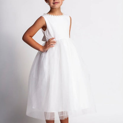 Antique Ivory Flower Girl Dress with Pearl Bodice