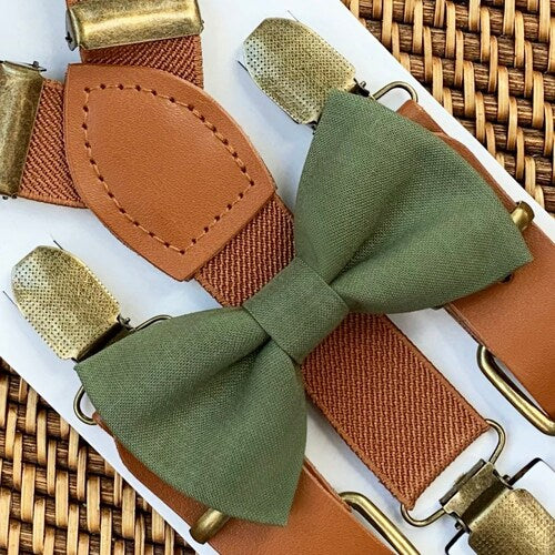 Olive Green Bow Tie and Faux Leather Suspenders Set