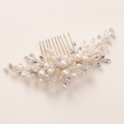 Bridal Headpiece and Comb - Pearl, Crystal, Gold, Floral