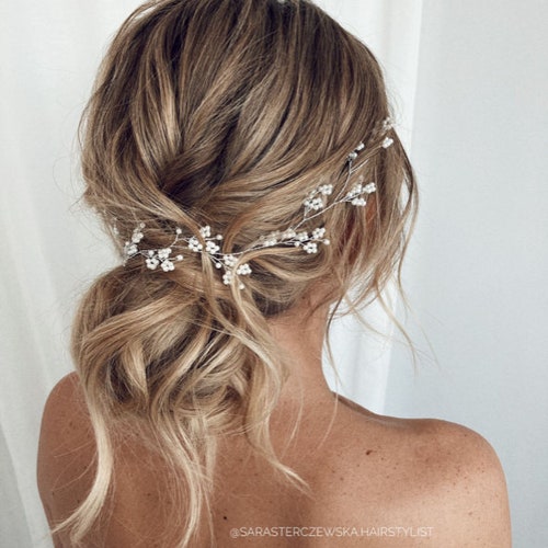 Delicate Crystal Bridal Hair Vine with Babys Breath – Vintage Silver Hair Piece