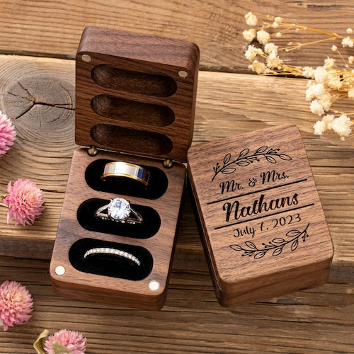 Triple Flip Wooden Ring Box – Custom Wedding Engagement Ring Box, 3 Slots