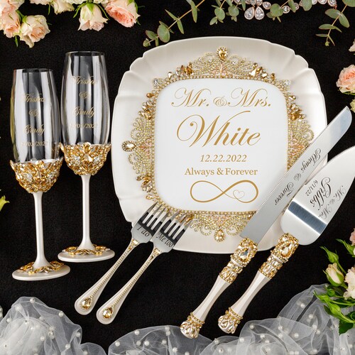 Ivory Wedding Flutes & Cake Server Set with Plate and Unity Candles