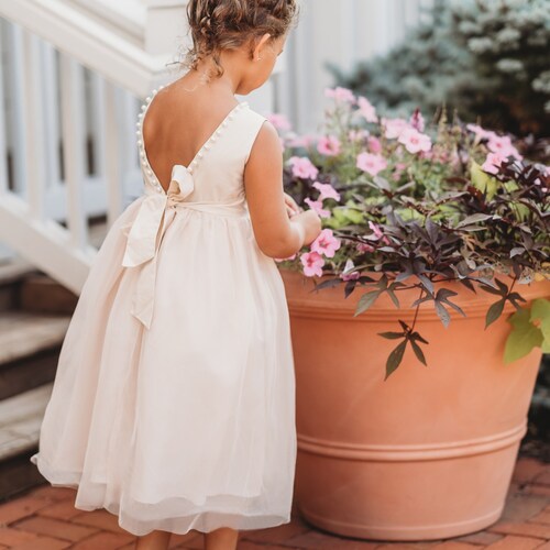 Antique Ivory Flower Girl Dress with Pearl Bodice