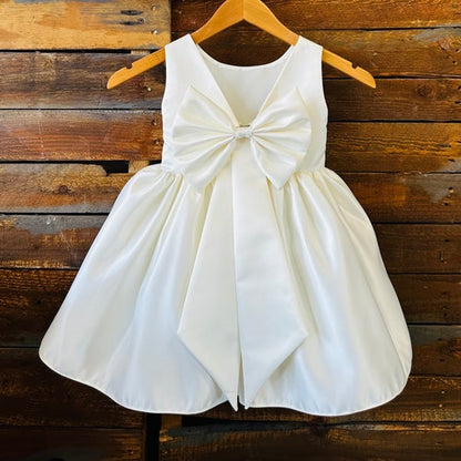 Ivory V-Back Satin Flower Girl Dress with Detachable Bow