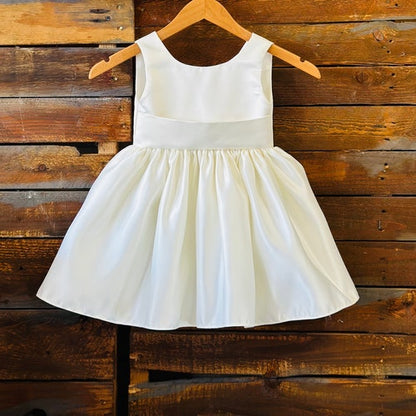 Ivory V-Back Satin Flower Girl Dress with Detachable Bow