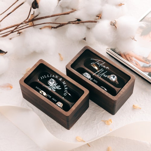 Quad Wood Ring Box with Glass Lid – Personalized 4-Slot Wedding & Engagement Ring Box