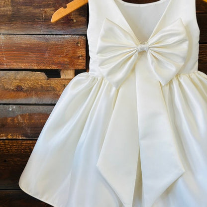 Ivory V-Back Satin Flower Girl Dress with Detachable Bow