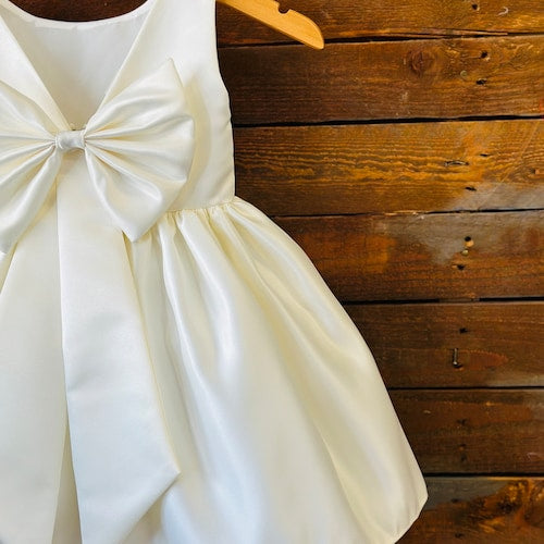 Ivory V-Back Satin Flower Girl Dress with Detachable Bow