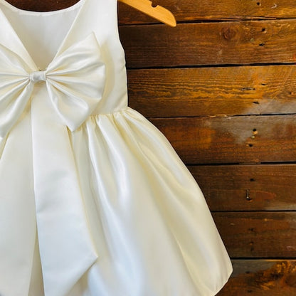 Ivory V-Back Satin Flower Girl Dress with Detachable Bow