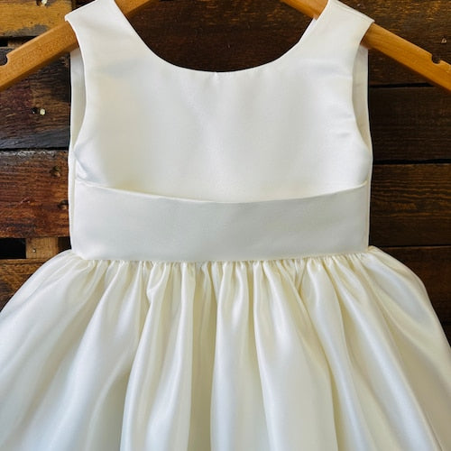 Ivory V-Back Satin Flower Girl Dress with Detachable Bow