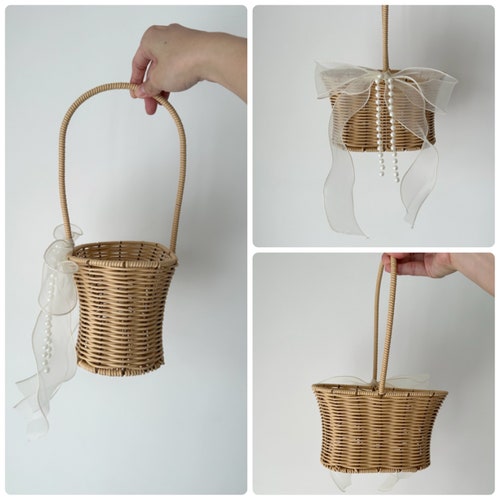 Flower Girl Basket with Pearl Chain & Ivory Ribbon