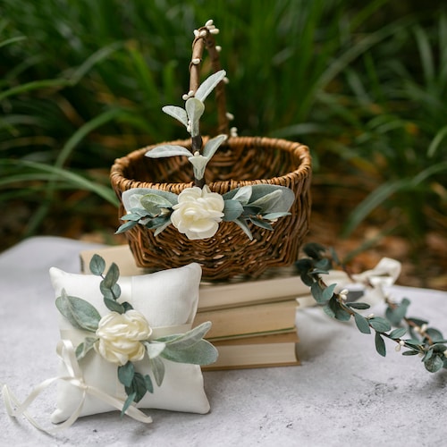 Flower Girl Basket and Ring Bearer Pillow Set