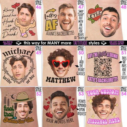 Personalized Bachelorette Party Tattoos with the Grooms Face (Pack of 20+)